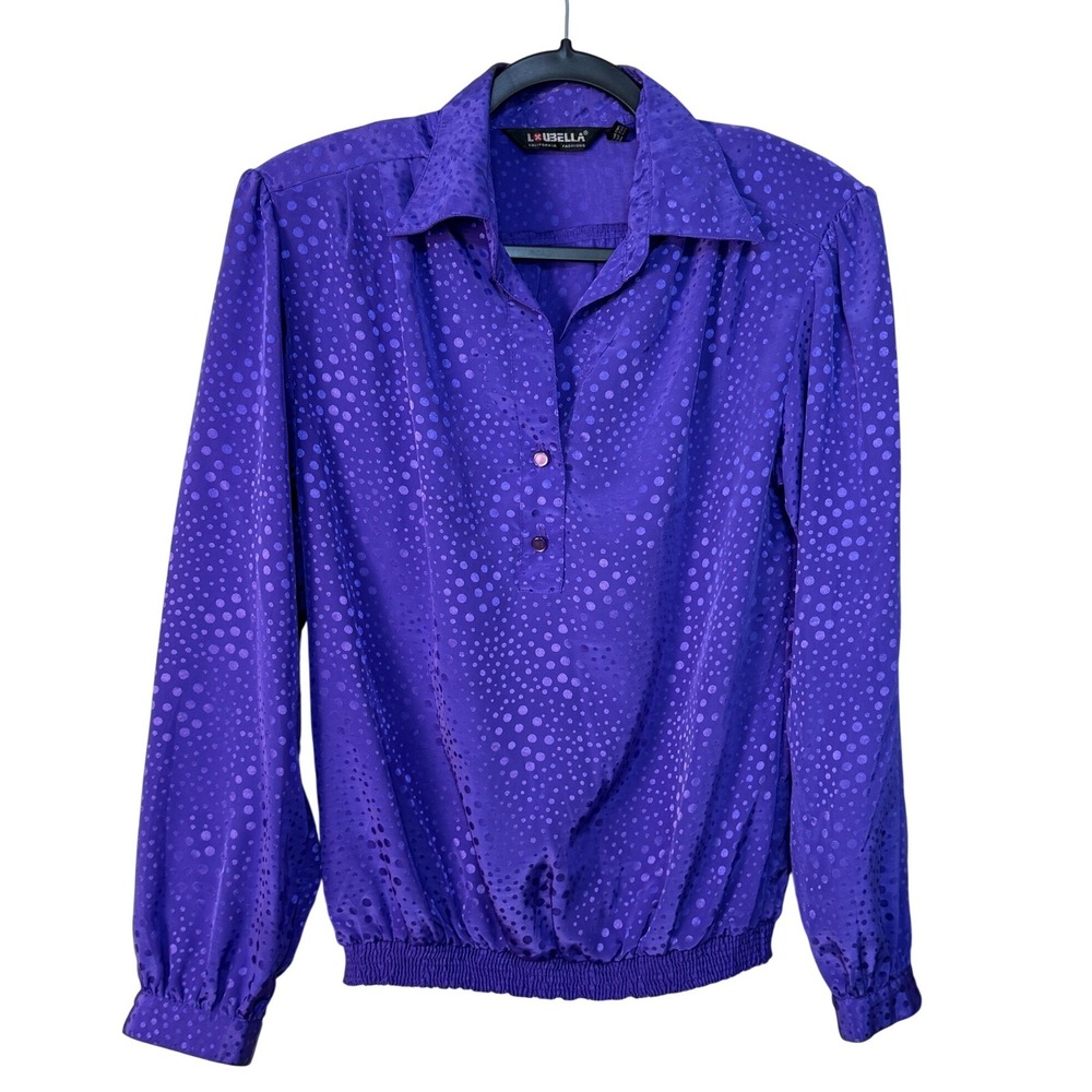 Loubella California Fashions Vintage Purple Polka Dot Blouson Blouse Top Size‎ 8